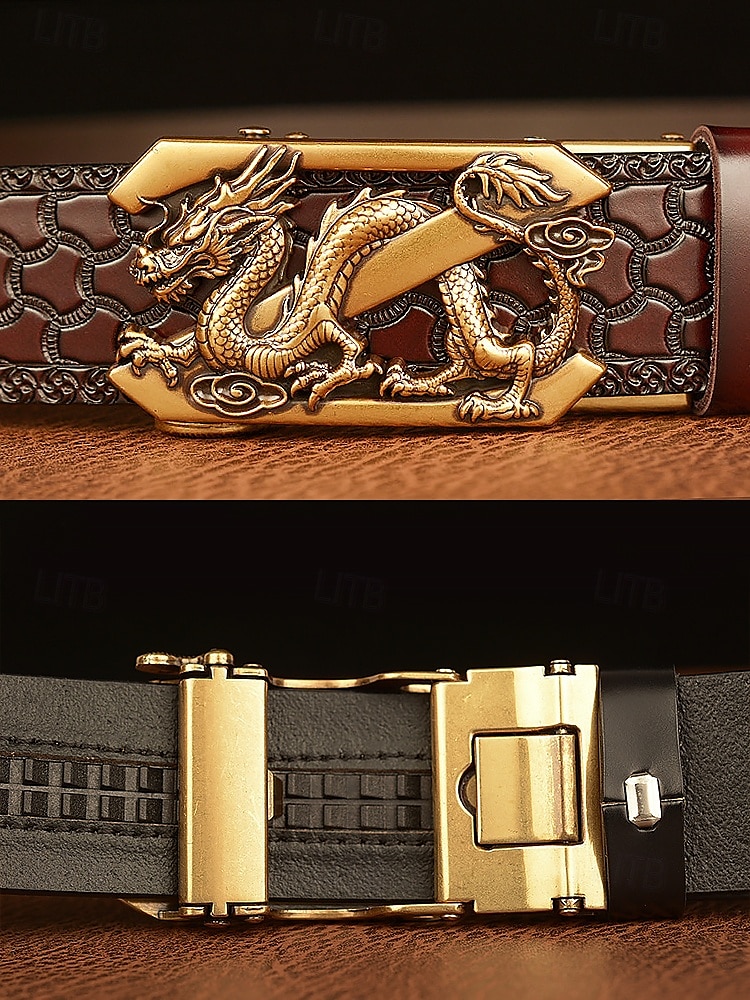 حزام جلدي بني للرجال بتصميم تنين منقوش وإبزيم ذهبي - طراز عتيق، مثالي للارتداء الرسمي وغير الرسمي 2026 - $26.99 –P3
