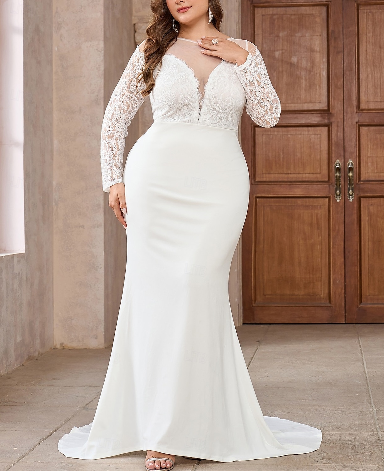 Brautkleider Meerjungfrau/Trompete Illusionsausschnitt Langarm Bodenlange Brautkleider aus Spitze mit Applikationen 2025 2025 - $126.99 –P5