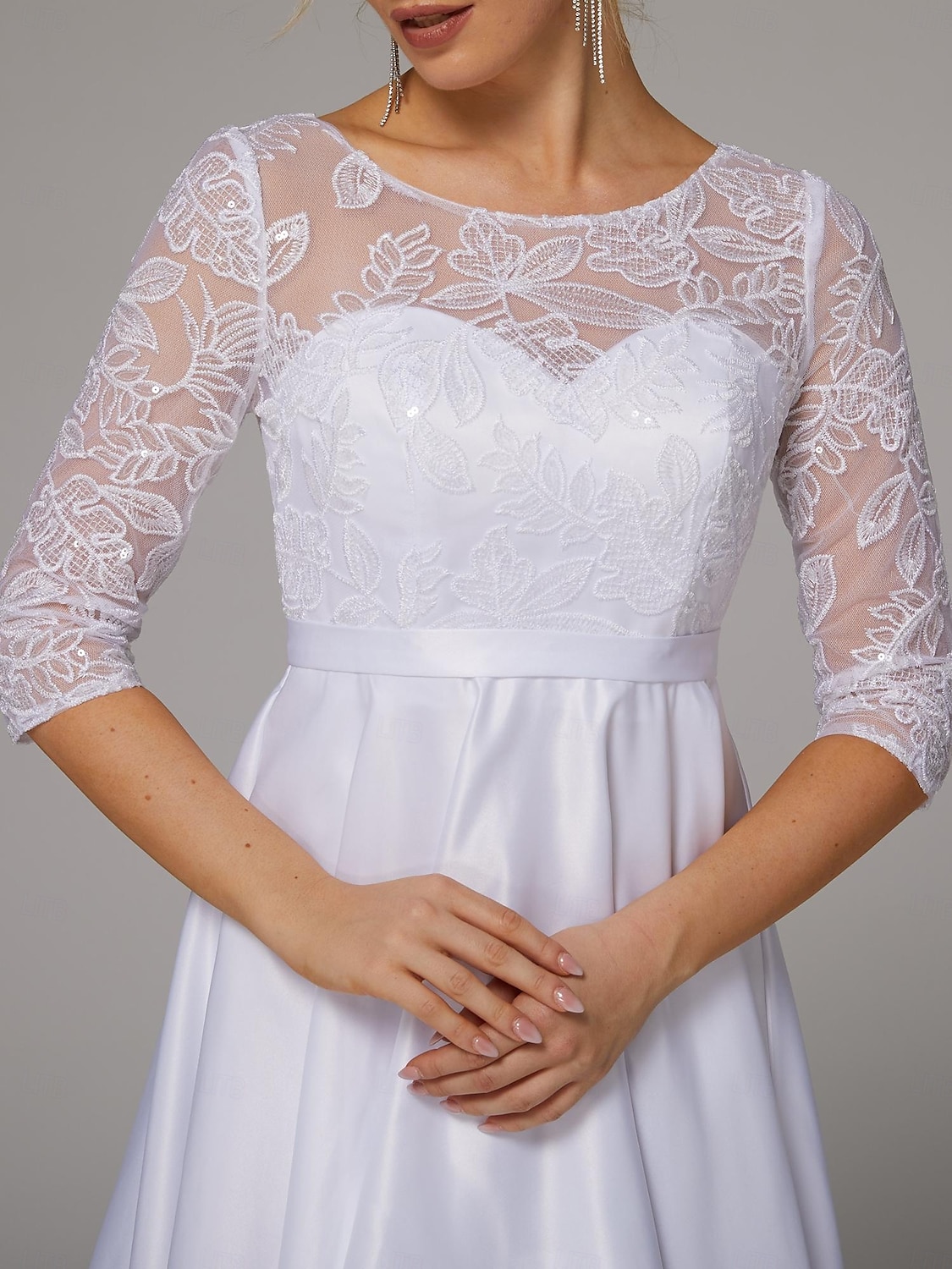 Abiti da sposa abito A-Line collo a barca maniche lunghe asimmetrico abiti da sposa in satin con pieghe mono colore del 2025 a $161.99 –P7