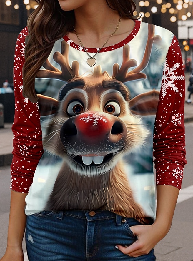 Damen T-Shirt Mode Modern Casual Print Langarm Normal Oberteile Rundhalsausschnitt Alltag Wochenende Wein Herbst Winter 2025 - $22.99 –P1