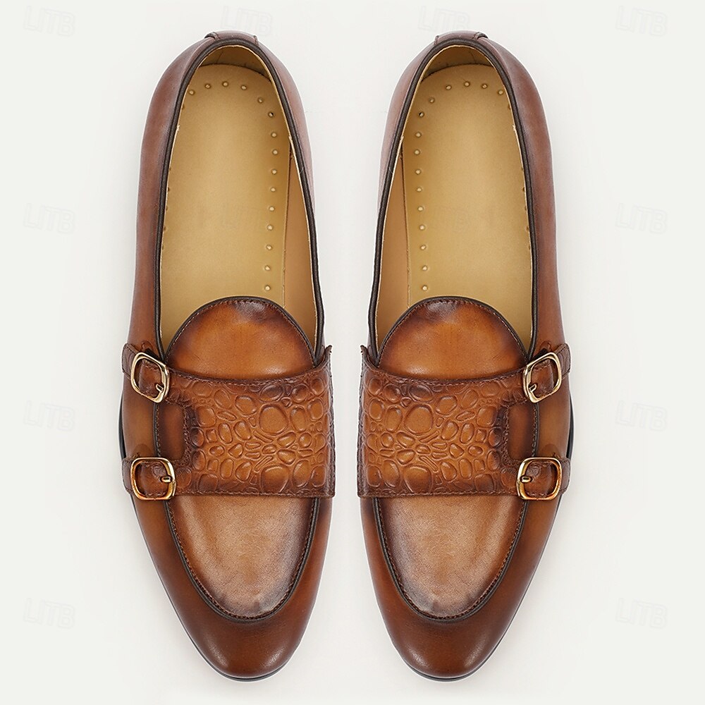 mocassini da uomo in pelle marrone con doppia fibbia e motivo coccodrillo – scarpe eleganti in pelle di vacchetta di alta qualità per abbigliamento formale e casual del 2025 a $94.99 –P4