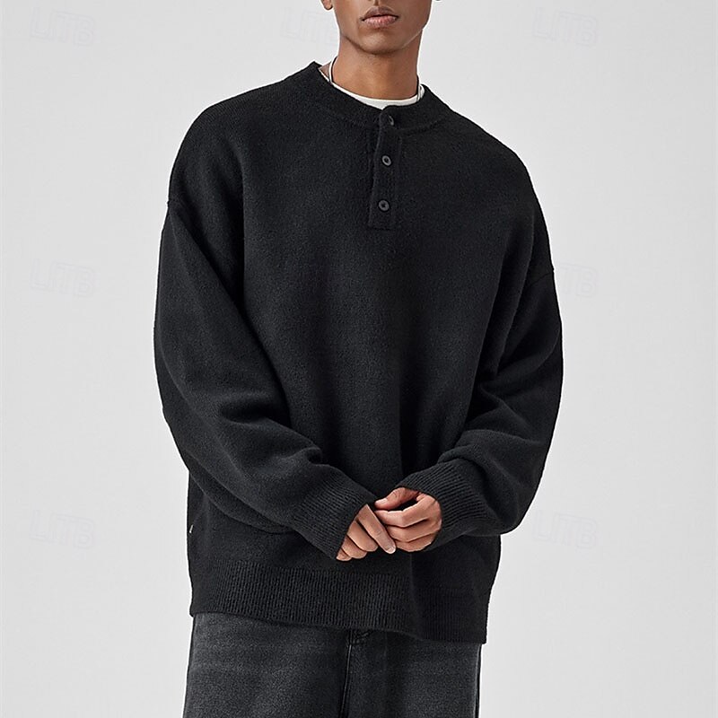 Men's Pullover Sweater Jumper Knit Sweater Pullover Polo Sweater Ribbed Knit Regular Knitted Plain Henley Fashion Basic Vacation Daily Wear Clothing Apparel Fall & Winter Black Light Grey M L XL 2025 - $23.99 –P15