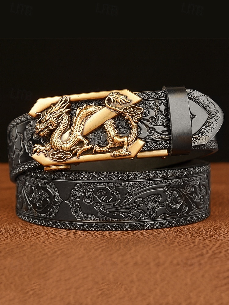 حزام جلدي بني للرجال بتصميم تنين منقوش وإبزيم ذهبي - طراز عتيق، مثالي للارتداء الرسمي وغير الرسمي 2026 - $26.99 –P6