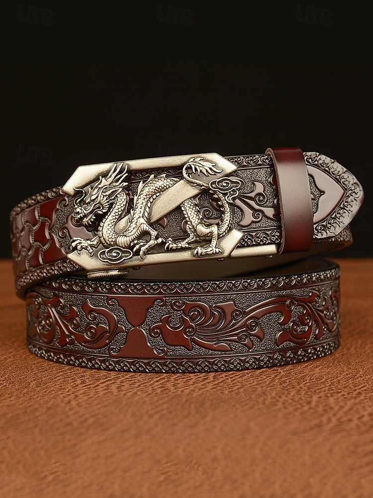 حزام جلدي بني للرجال بتصميم تنين منقوش وإبزيم ذهبي - طراز عتيق، مثالي للارتداء الرسمي وغير الرسمي 2026 - $26.99 –P8