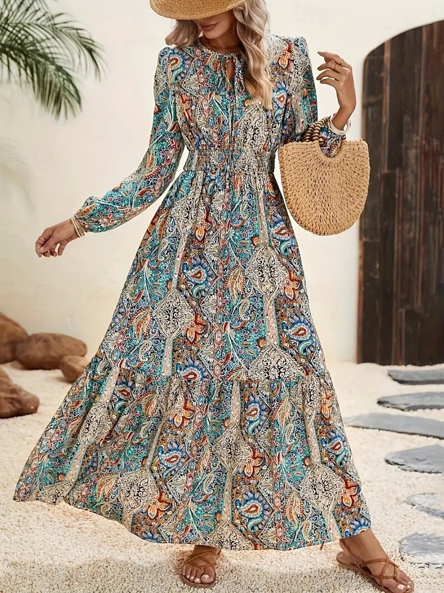 Per donna Vestito maxi Abito casual Vestito svasato Abito linea A Abito boho Boemia Vintage Etnico Giornaliero Standard Motivo cashemire Manica lunga Girocollo Blu Estate Primavera Autunno del 2026 a $32.99 –P4