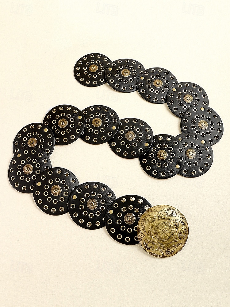 Women's Brown Faux Leather Belt with Perforated Circles and Intricate Metal Buckle - Bohemian Chic Fashion Accessory 2025 - $18.99 –P5