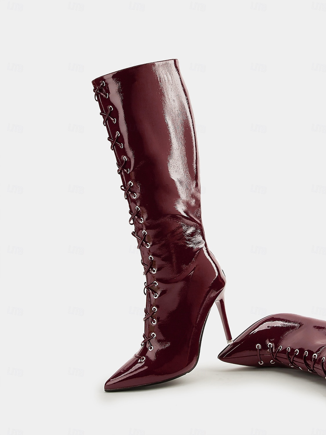 kniehohe Stiefel aus burgunderfarbenem Lackleder für Damen mit Schnürung – Stilettoabsatz für elegante Abend- und Partygarderobe 2025 - $49.99 -P1