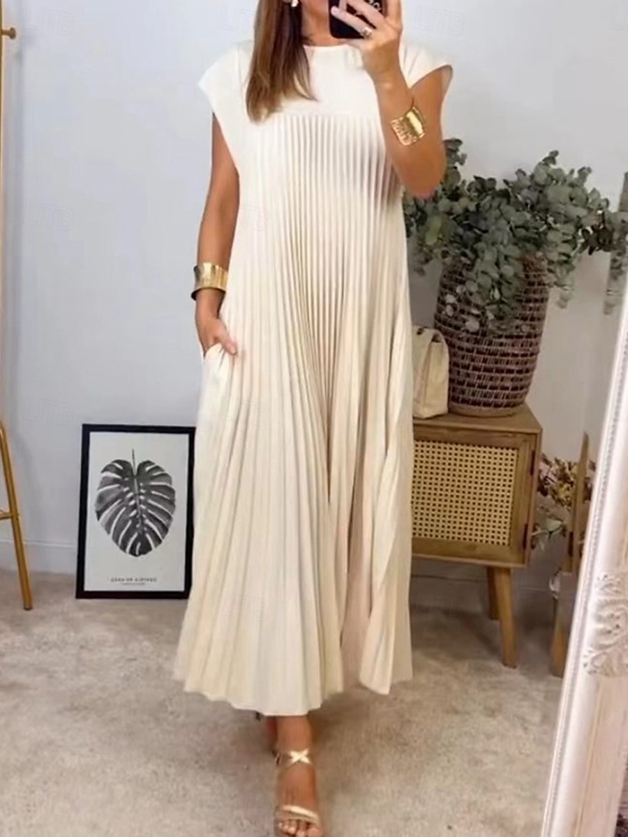 Women's Maxi Dress Casual Dress Solid Color Fashion Streetwear Party Office Daily Pleated Sleeveless Crew Neck Dress Regular Fit Black Yellow Beige Summer S M L XL XXL 2025 - $41.99 –P1