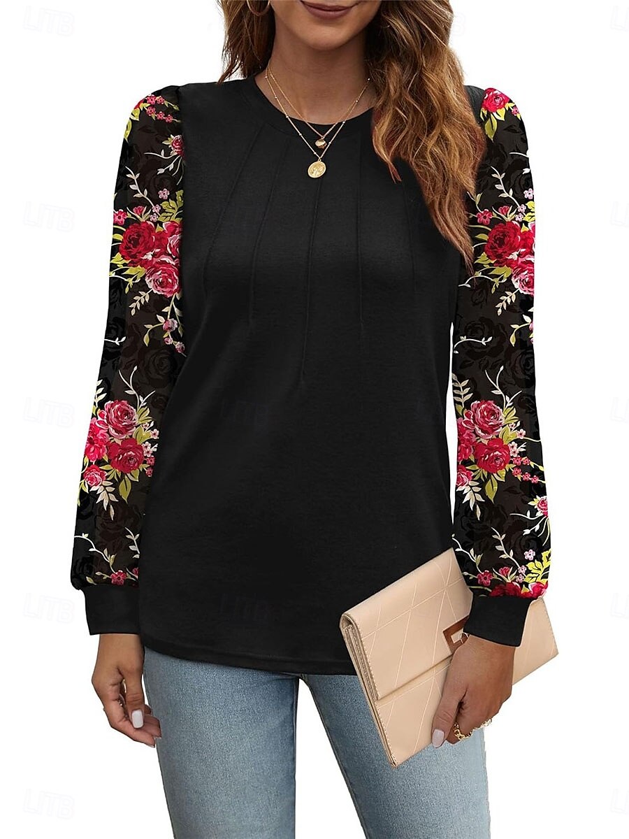 Per donna Camicia Blusa Floreale Informale Manica lunga Girocollo Top regolari Giornaliero Collage Stampa Nero Marrone Autunno Inverno del 2025 a $29.99 –P9