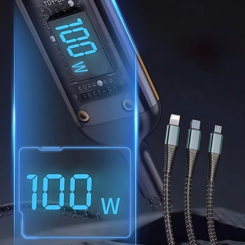 3-in-1 100 watin pikalatauskaapeli älykäs supernopea lataustuki moniliitäntäinen lataus usb visuaalinen virtalatauskaapeli yhteensopiva Applen samsung oppo auton pikalatauskaapelin kanssa 2025 - €10.99 –P3