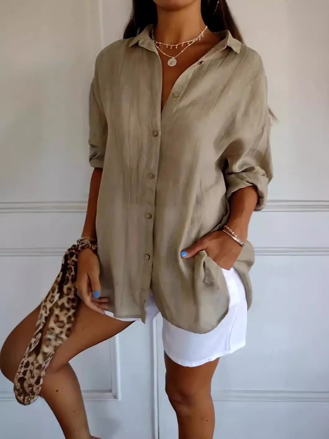 Damen Hemd Baumwoll-Leinen-Hemden Knopfleiste Bluse Einfarbig Basic Lässig Langarm Bischofsärmel Hemdkragen Normale Oberteile Urlaub Täglich Patchwork Knöpfe Rosa Blau Khaki Herbst Winter 2025 - $19.99 –P3