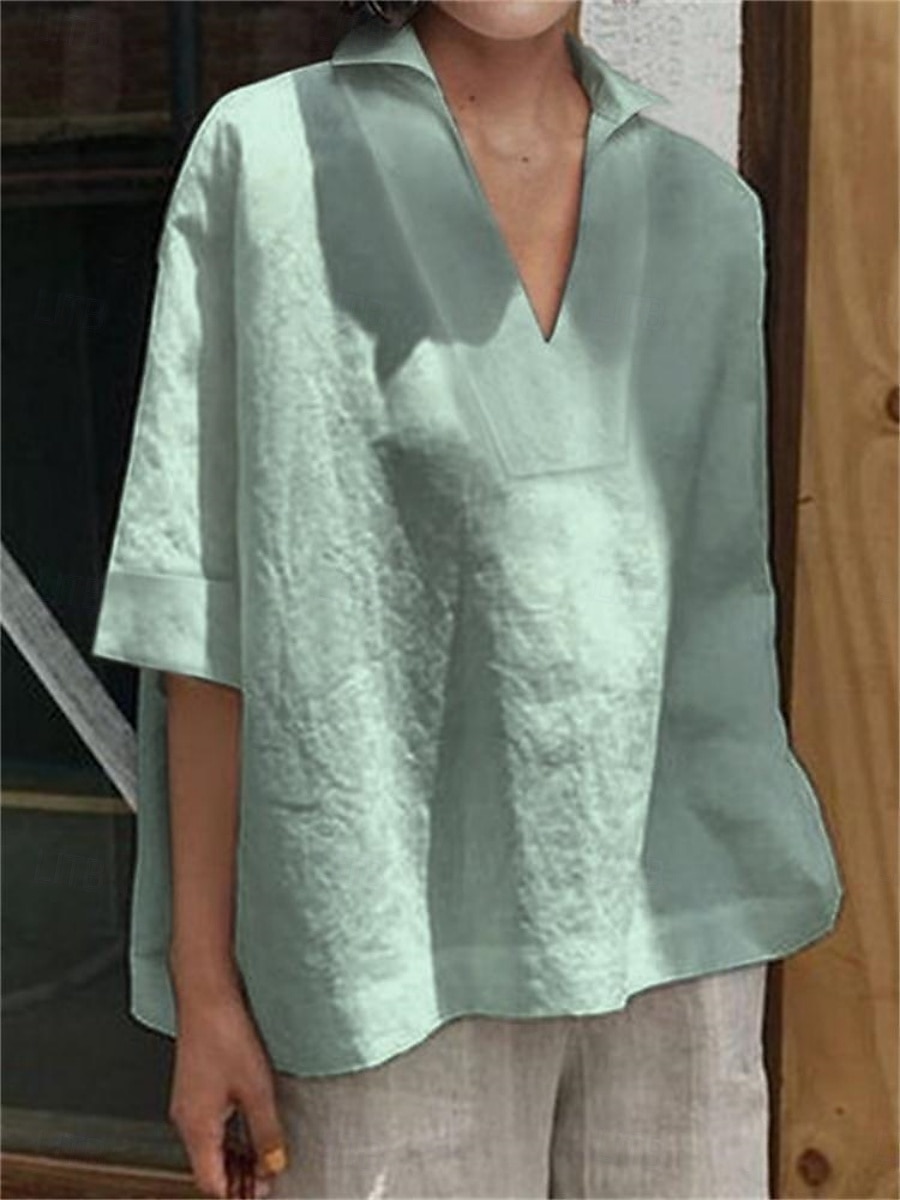 Per donna Camicia Camicia in lino e cotone Blusa Tinta unica Essenziale Informale Manica a 3/4 Collo dentellato Top regolari Giornaliero Bianco Rosa Verde Estate Primavera del 2025 a $24.99 -P2