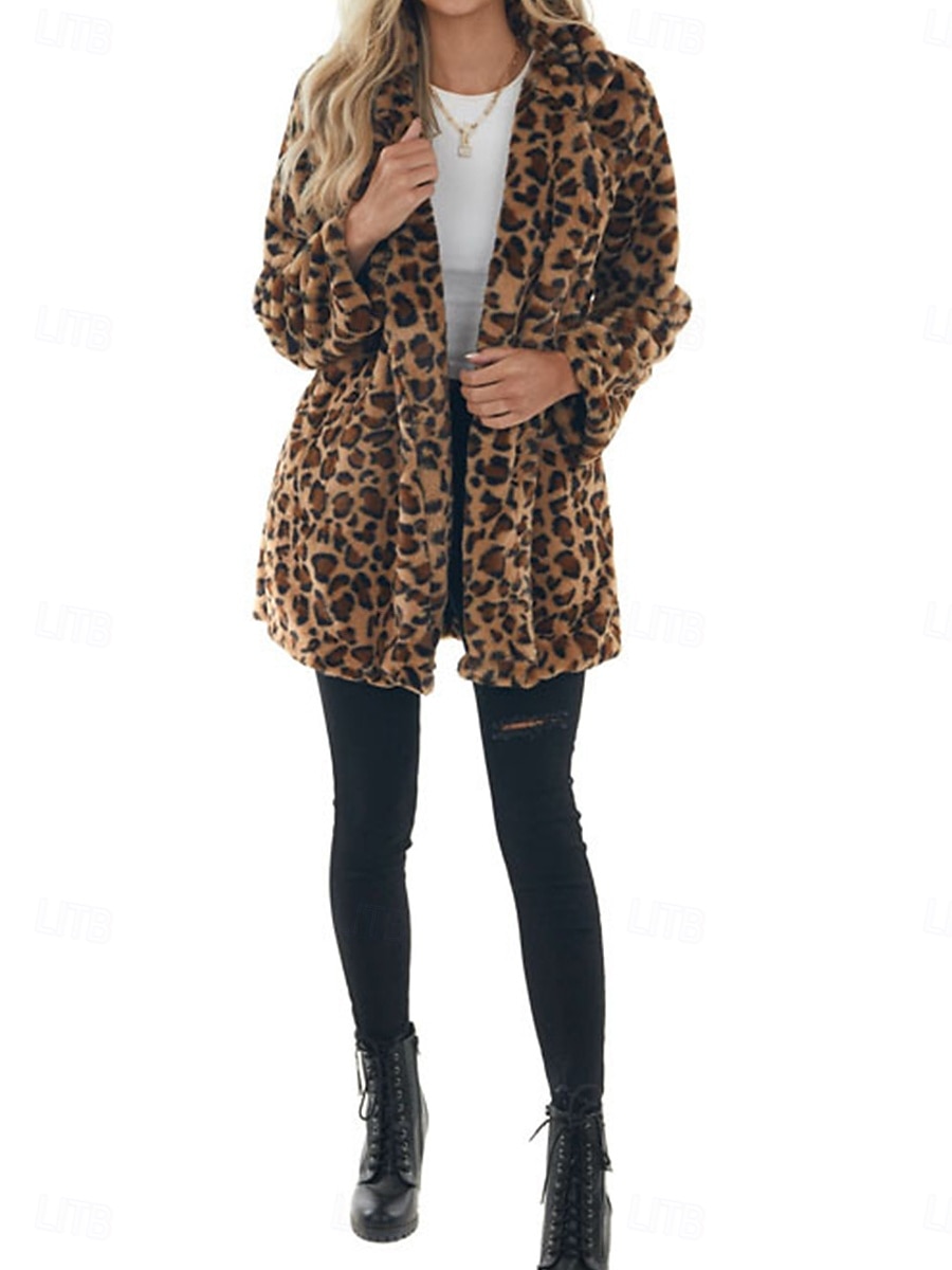 Femme Manteau d'hiver Chaud Respirable Patchwork Avec poches Rétro Vintage Mode Léopard Fête / Soirée Ouvrir le devant Longue Col rabattu Standard manche longue Vêtements d'extérieur Léopard Automne de 2025 ? $58.99 –P2