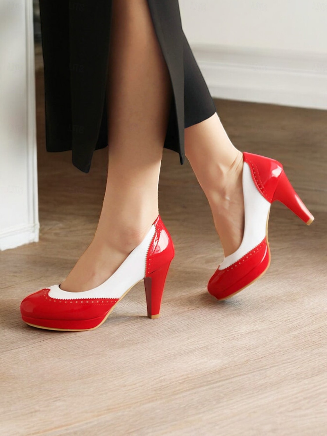 női vintage stílusú fekete-fehér magassarkú pumpák brogue részletekkel, elegáns ruhacipő hivatalos alkalmakra 2025 - $54.99 –P5