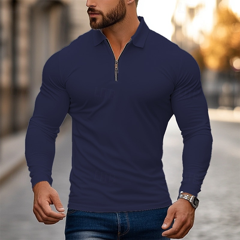 Herren Zip Polo Golfhemd Arbeit Casual Kargen Langarm Basic Modern Glatt Zip Frühling & Herbst Regular Fit Navy-Blau Schwarz Weiß Rot Hellgrau Zip Polo 2025 - $13.99 –P6