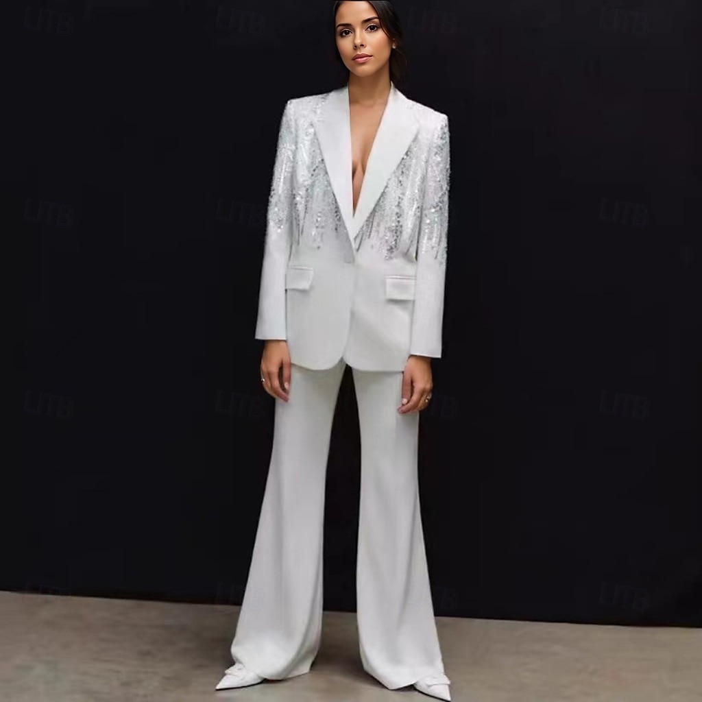 Two Piece Pantsuit Evening Gown Vintage Dress Tuxedo Dress Formal Wedding Floor Length Long Sleeve Shirt Collar  with Glitter 2025 - $199.99 –P1