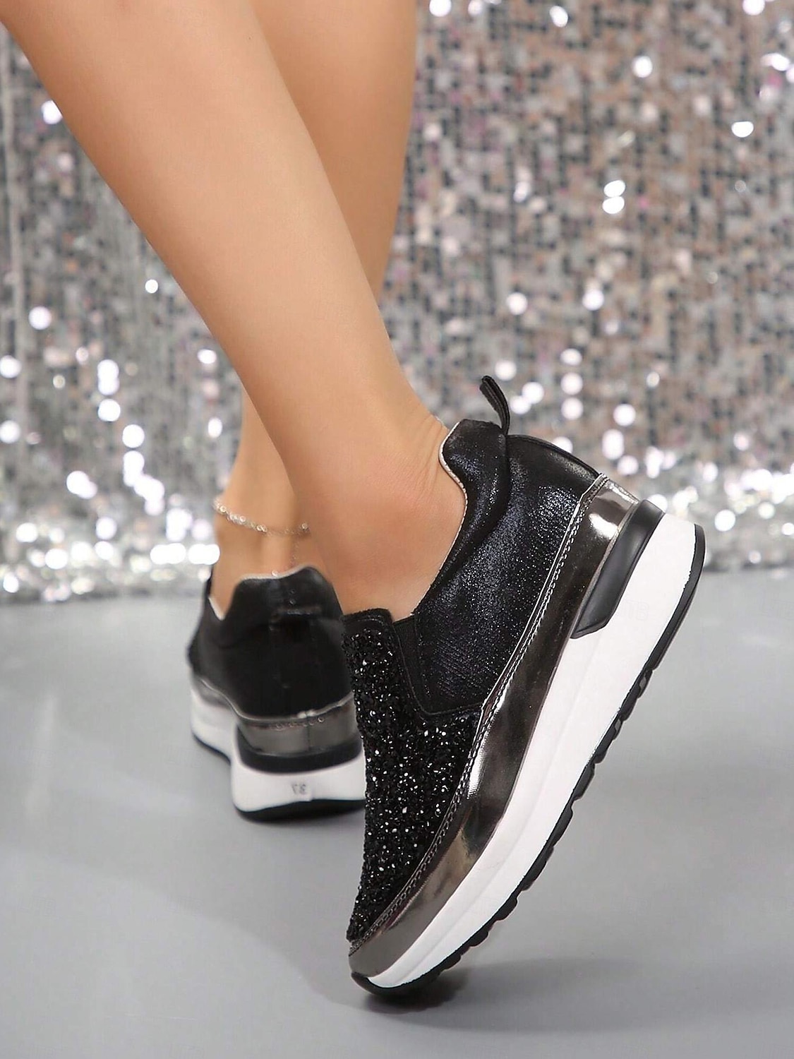 svarte slip-on joggesko for kvinner med glitterpynt og plattformsåle – stilige fritidssko for hverdagsbruk 2025 - $34.99 –P3