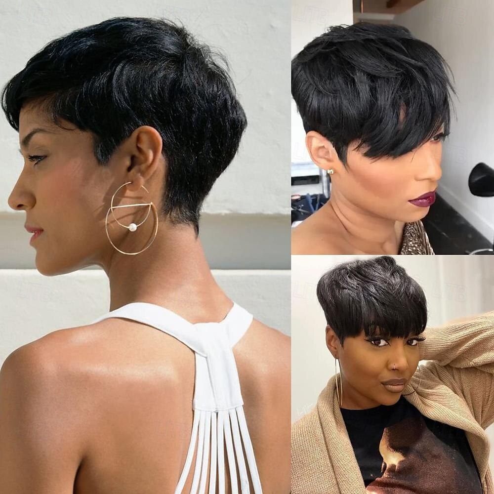 parrucca pixie cut per donne nere parrucche corte per capelli umani senza pizzo frontale parrucche corte a strati con frangia per l'uso quotidiano colore naturale del 2025 a $48.99 –P7