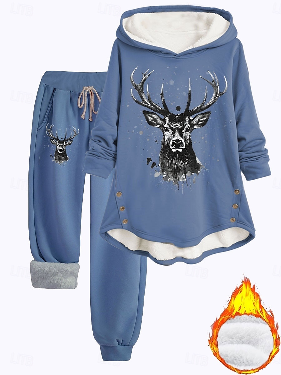 Completo da donna in 2 pezzi felpa con pantaloni in pile maniche lunghe cappuccio con stampa di renna casual rosa scuro blu grigio autunno vestibilità regolare del 2025 a $49.99 –P6