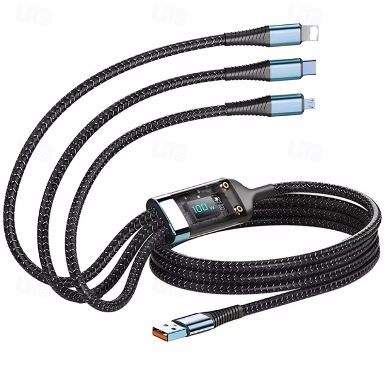 3-in-1 100 watin pikalatauskaapeli älykäs supernopea lataustuki moniliitäntäinen lataus usb visuaalinen virtalatauskaapeli yhteensopiva Applen samsung oppo auton pikalatauskaapelin kanssa 2025 - €10.99 –P8