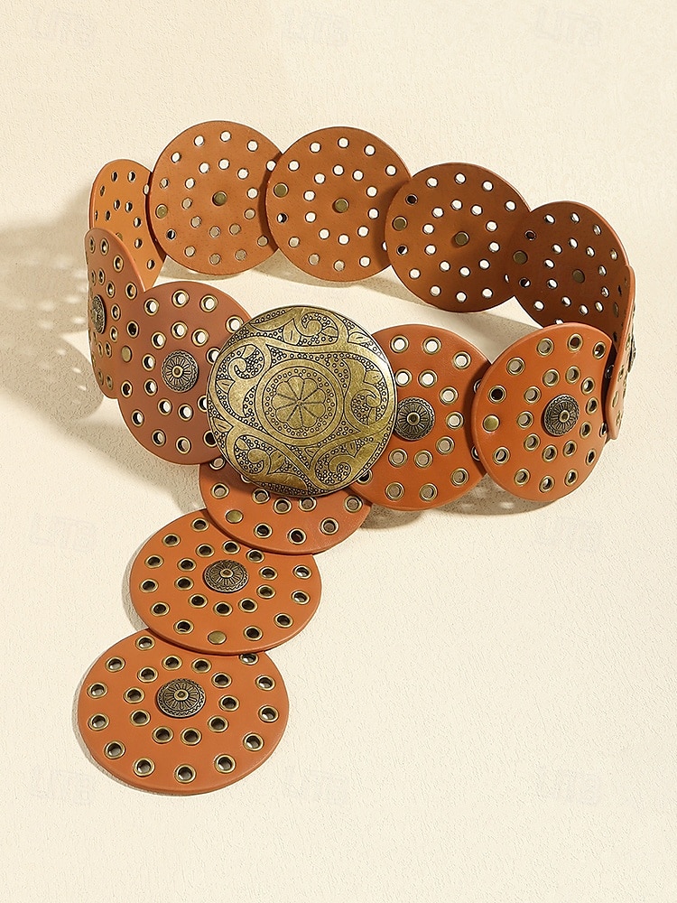 Women's Brown Faux Leather Belt with Perforated Circles and Intricate Metal Buckle - Bohemian Chic Fashion Accessory 2025 - $18.99 –P11