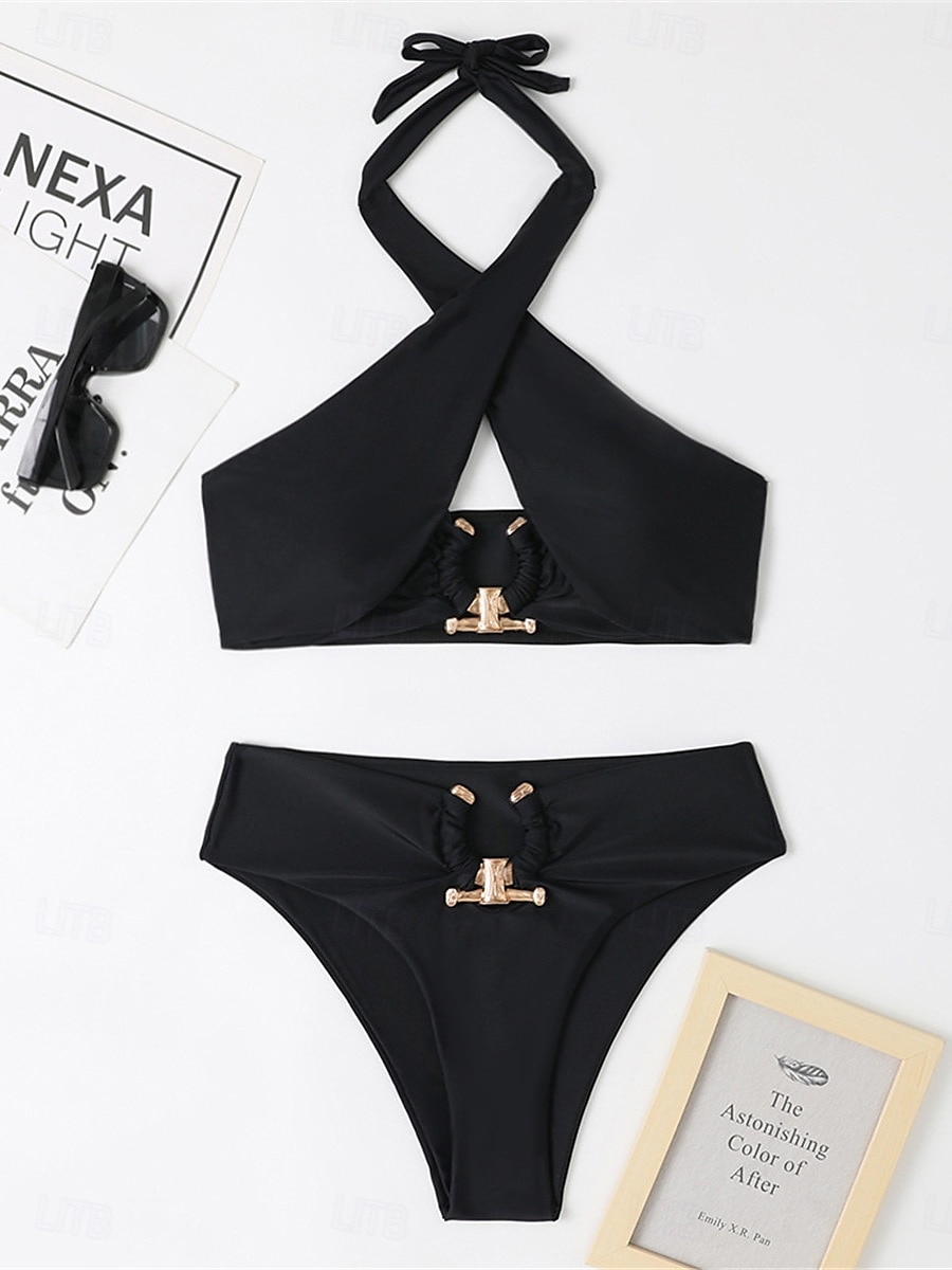 Dames Zwemkleding Bikini 2 stuks Brutaal Zwempak Blote rug Hoge taille Slank Vakantie Strand Kleding Effen Kleur Halternek Mouwloos Badpakken 2025 - $28.99 –P2