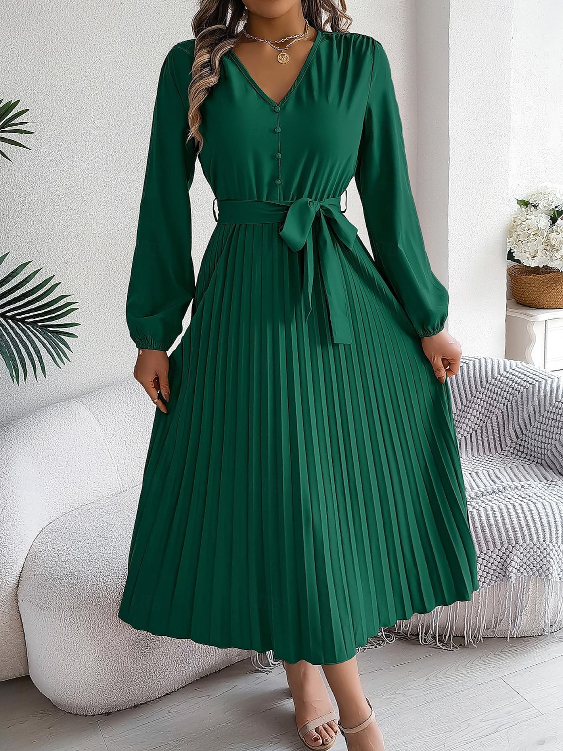 Women's Vintage Dress Mini Dress Pleated High Waist Elegant Formal V Neck Long Sleeve Blue Green Khaki Color 2025 - $41.99 –P9