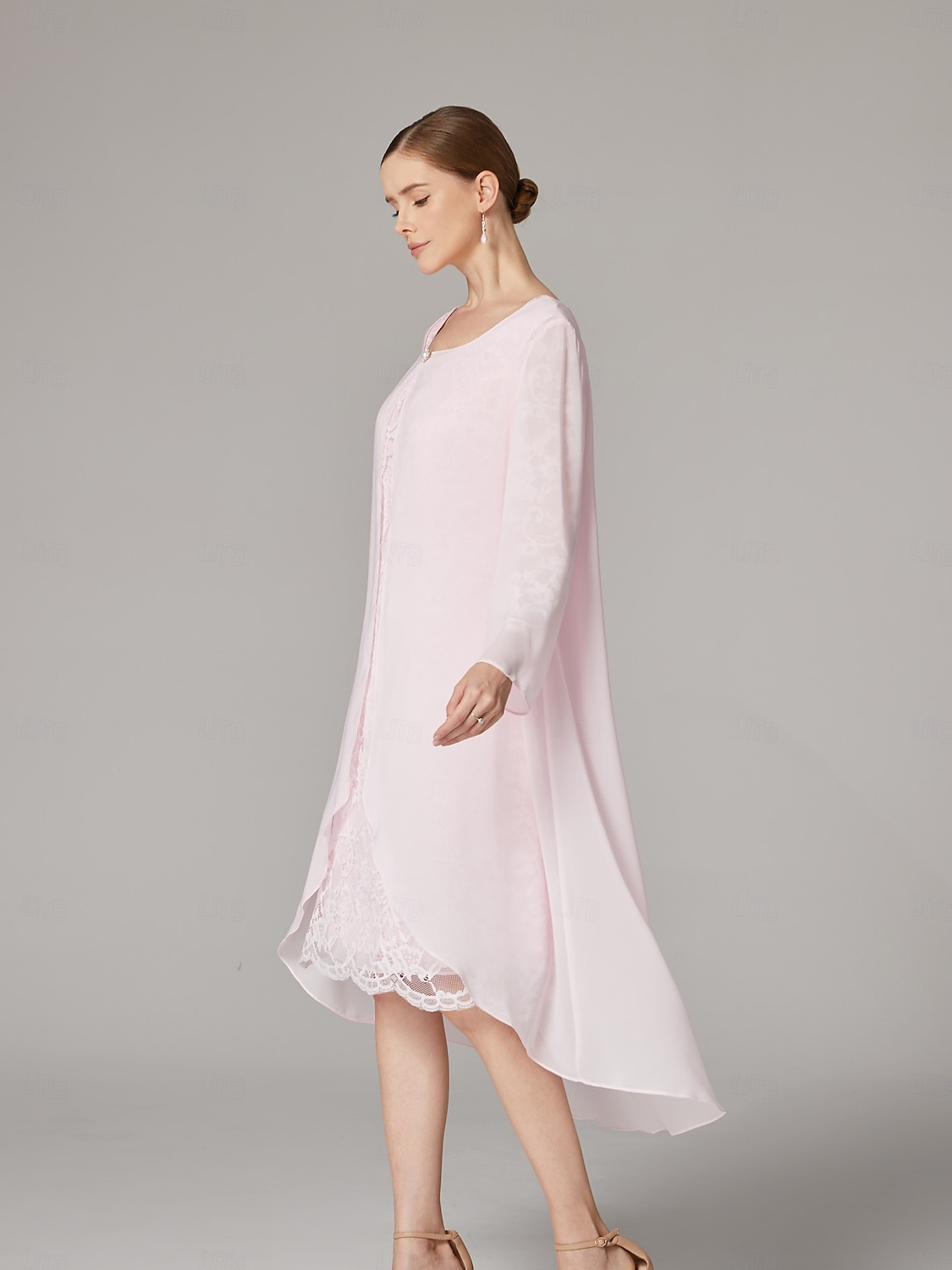 Two Piece A-Line Dress Beach Wedding Suit Mother of the Bride Dress Elegant Plus Size Jewel Neck Tea Length Chiffon Lace Short Sleeve Jacket Dresses with Solid Color 2025 - $149.99 –P7
