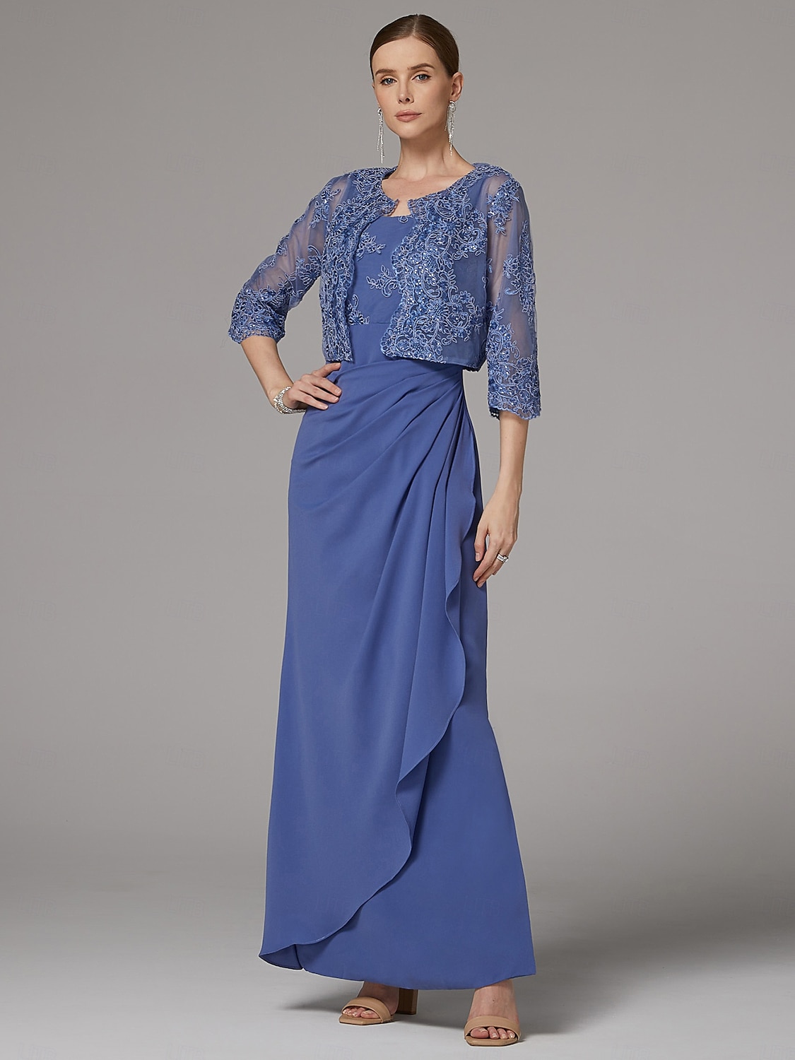 Twee Delige Sheath Jurk Strandbruiloft Moeder van de Bruid Jurk Elegante Sprankel  Glans Juweel Hals Enkele Lengte Kant Stretch Stof 3/4 Lengte Mouw met Kant 2025 - $189.99 –P1