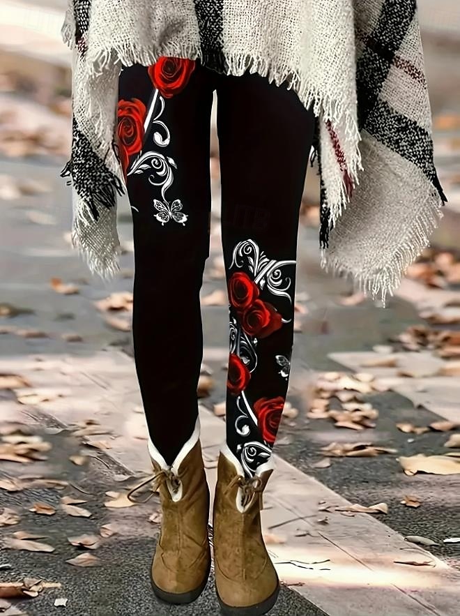 Leggings Femininas Calças de Moda Estilo de Rua Comprimento Total Cintura Alta Estampas de Rosas Térmicas Quentes Respirável Macio Microelástico Para o Dia a Dia Preto Outono Inverno Ajuste Regular de 2025 por $18.99 –P1