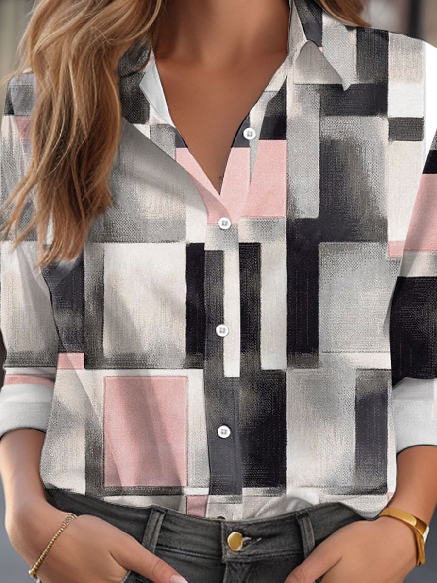 Dames Overhemd Ruitjes Casual Lange mouw Overhemdkraag Normale tops Werk Dagelijks Knop Afdrukken Grijs Lente Herfst Winter 2025 - $32.99 –P2
