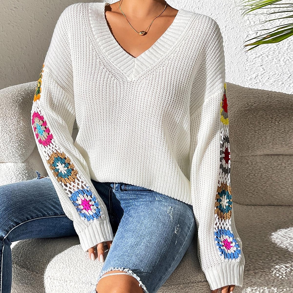 Per donna Felpa Informale Morbido Floreale Uncinetto A V Lavorato a maglia Manica lunga Top regolari Maglia Esterno Giornaliero Fine settimana Nero Bianco Autunno Inverno del 2025 a $31.99 –P5