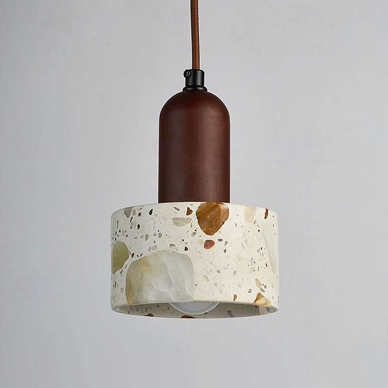 wabi-sabi terrazzo pendellampe rund halvkule sement massivt tre 1-lys pendel 85-265v 2025 - $109.99 –P6