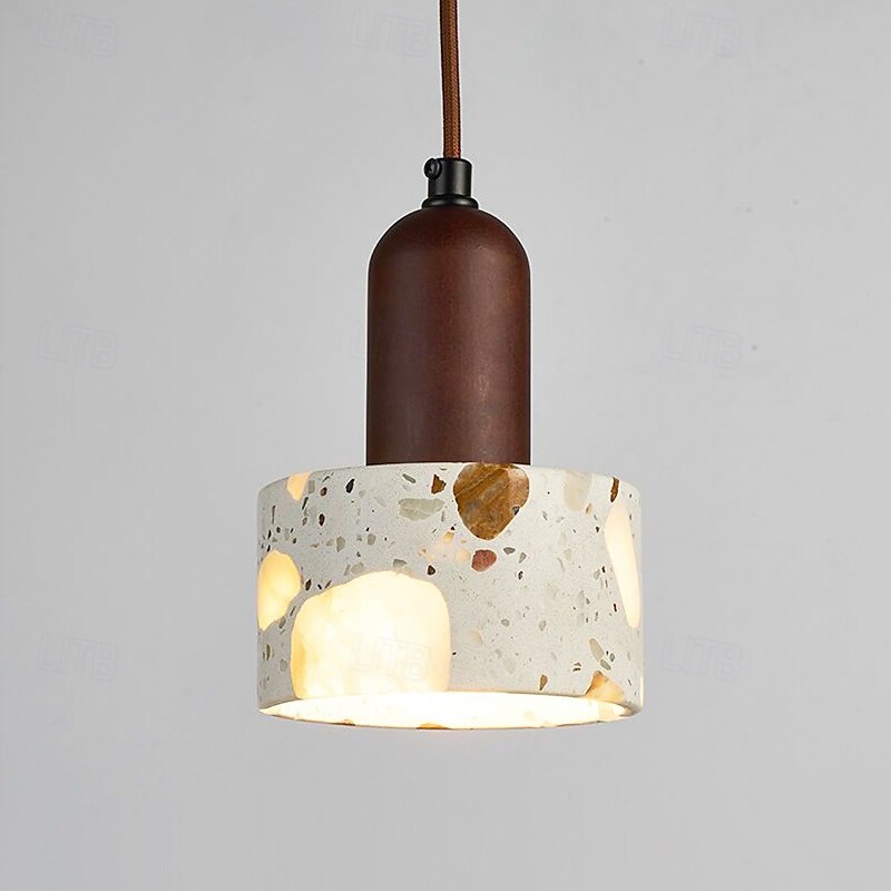 wabi-sabi terrazzo pendellampe rund halvkule sement massivt tre 1-lys pendel 85-265v 2025 - $109.99 –P7