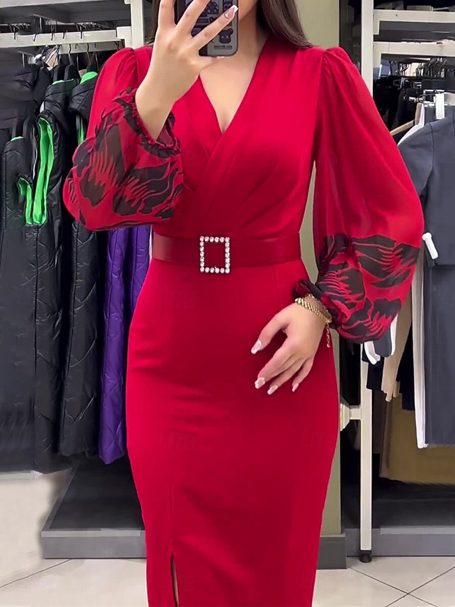 Women's Casual Dress Midi Dress Patchwork With Belt Casual V Neck Long Sleeve Red Color 2025 - $44.99 –P2
