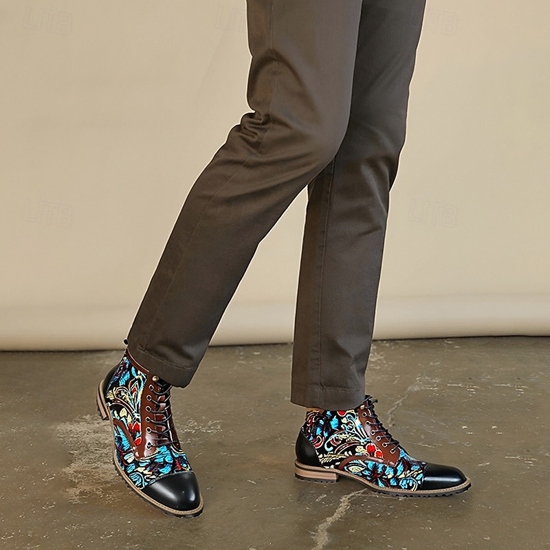 Men's Premium Cowhide Leather Lace-Up Boots with Floral Jacquard Design and Cap Toe - Stylish and Durable Ankle Boots for Casual and Formal Occasions 2025 - $109.99 –P1