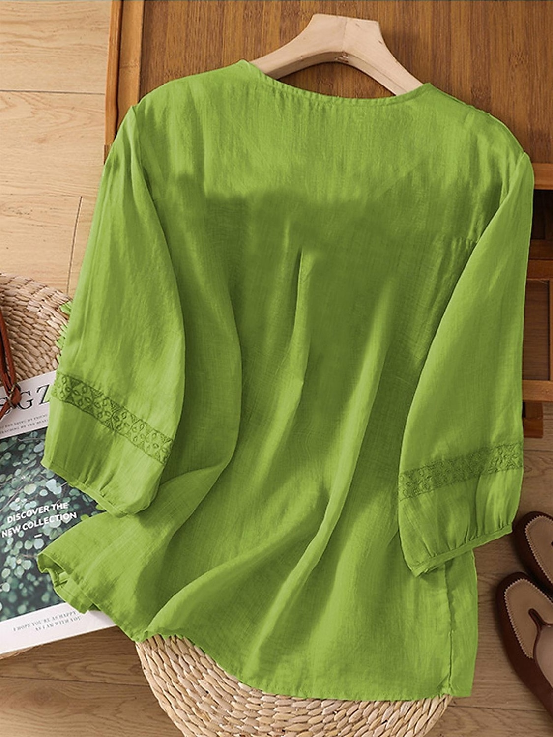 Damen Hemd Leinen-inspirierte Hemden Einfarbig Blumen Lässig Boho Dreiviertelarm Ellbogenärmel V Ausschnitt Normale Oberteile Urlaub Party Täglich Bestickt Gras-Grün Purpur Herbst Frühling & Sommer 2025 - $32.99 –P2