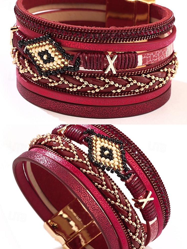 boho koralikowa wielowarstwowa skórzana bransoletka – modna damska bransoletka z zapięciem magnetycznym do swobodnych i boho stylizacji 2025 - $11.99 –P9