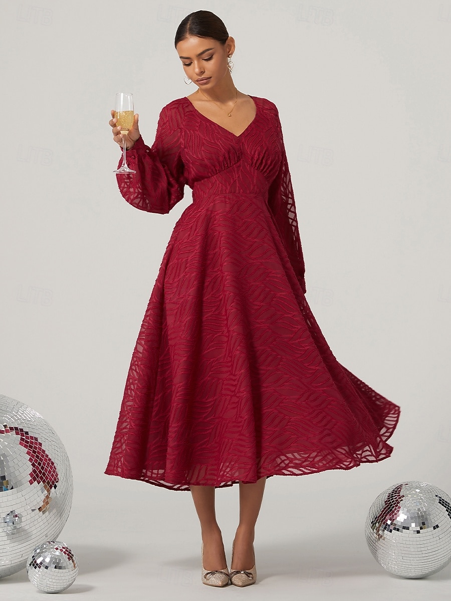 Damen Spitzenkleid Midikleid Hohe Taillenlinie Elegant Vintage V Ausschnitt Langarm Wein Farbe 2025 - GBP £46.33 –P1