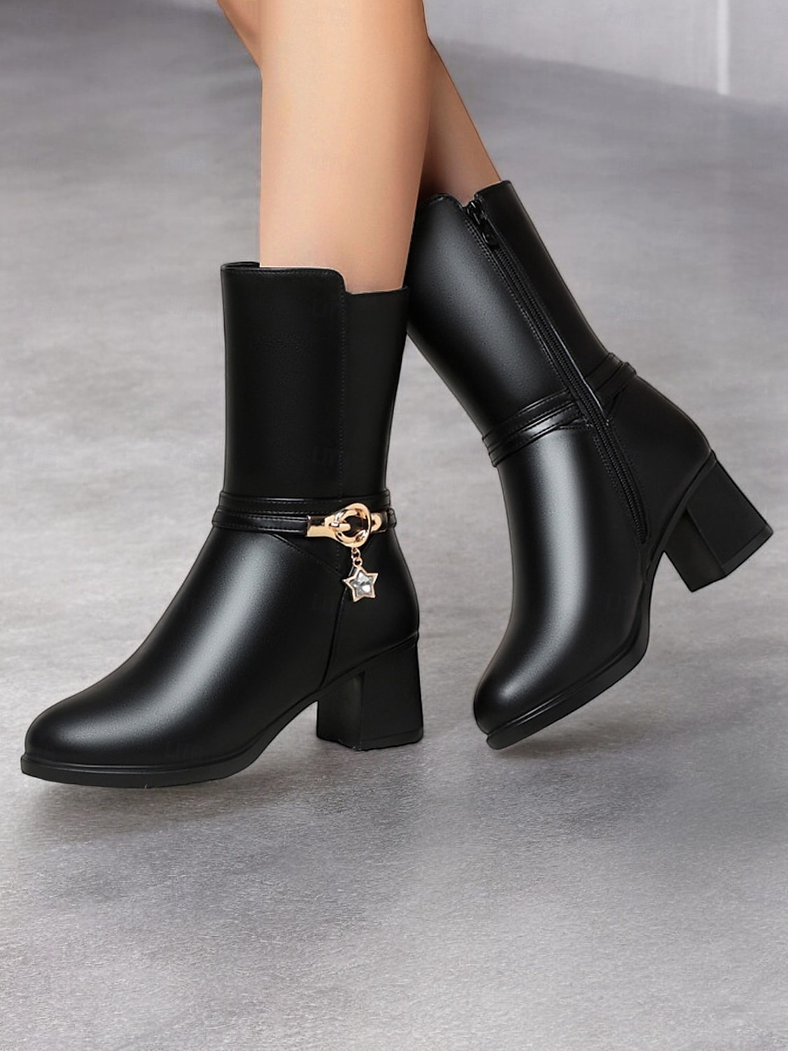 Schwarze Winterstiefeletten aus Kunstleder mit Fellfutter für Damen mit Blockabsatz und Sternenanhänger – elegantes und warmes Schuhwerk für kaltes Wetter 2025 - $54.99 –P5