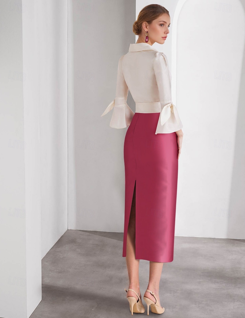 Sukienki koktajlowe typu sheath  kolumnowe plażowe wesele elegancka sukienka formalna Walentynki tea length półrękaw kołnierzyk różowa sukienka satyna z kokardami 2025 - $147.99 –P2