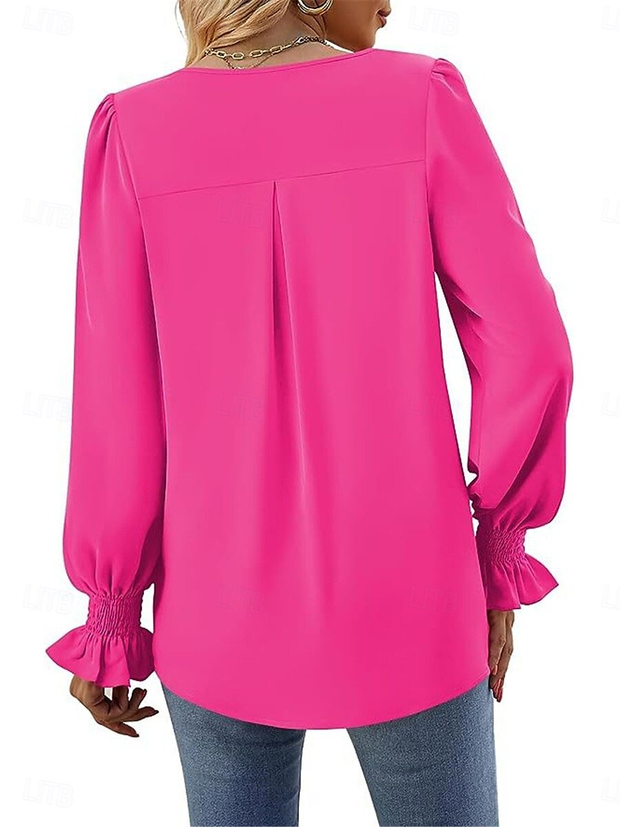 Per donna Camicia Blusa Tinta unica Essenziale Informale Manica lunga A V Top regolari Giornaliero Rosso Fucsia Cachi Autunno Inverno del 2025 a $21.99 –P2