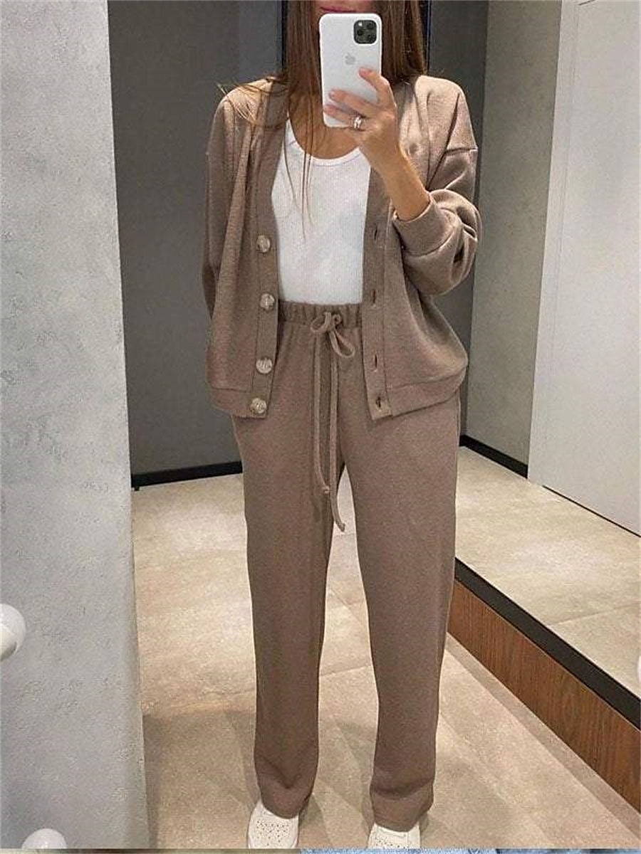 Loungewear-Set für Damen, Strickjacke, Jogginghose, Kordelzug, neutrales Taupe, entspannte Passform, bequemes Home-Casual-Outfit, Frühling, Herbst, vielseitige Größen 2025 - $36.99 –P1