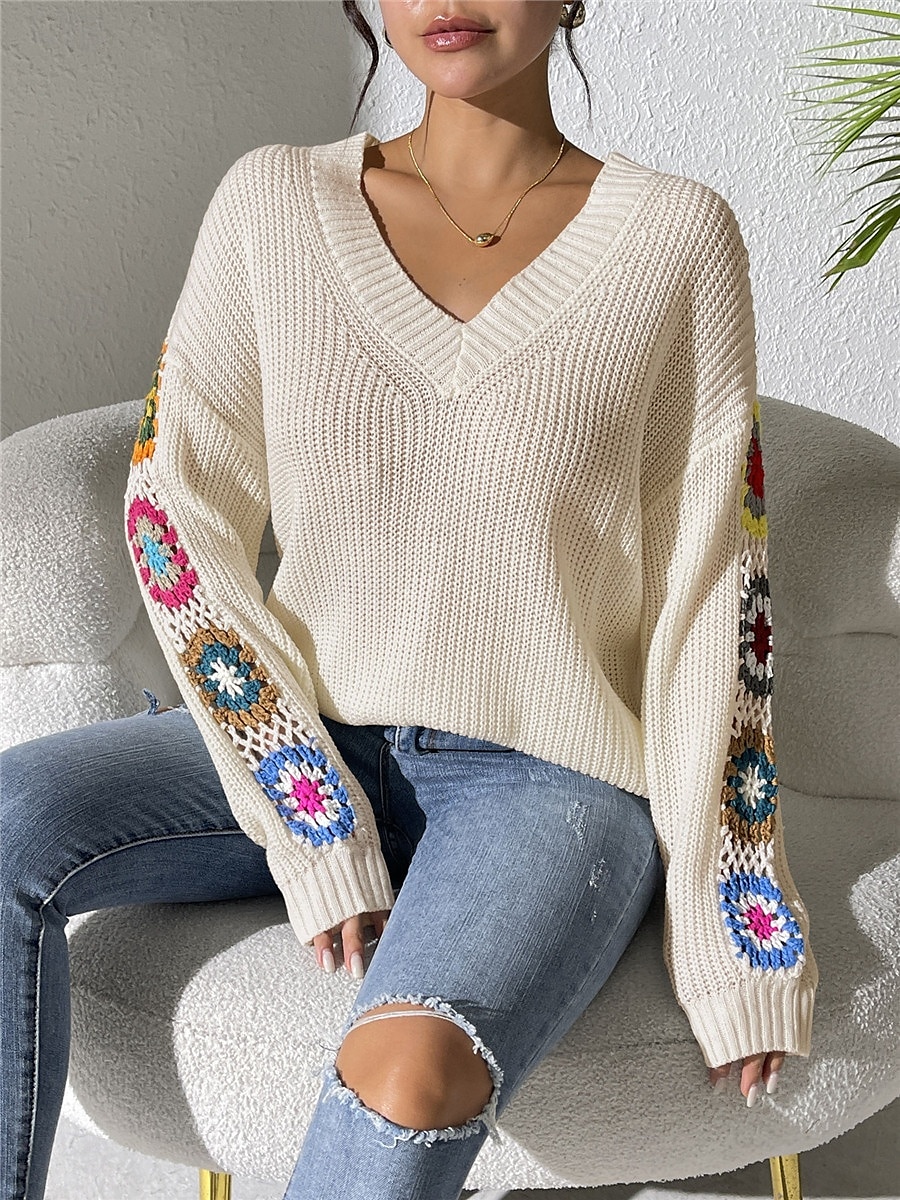 Per donna Felpa Informale Morbido Floreale Uncinetto A V Lavorato a maglia Manica lunga Top regolari Maglia Esterno Giornaliero Fine settimana Nero Bianco Autunno Inverno del 2025 a $31.99 –P12