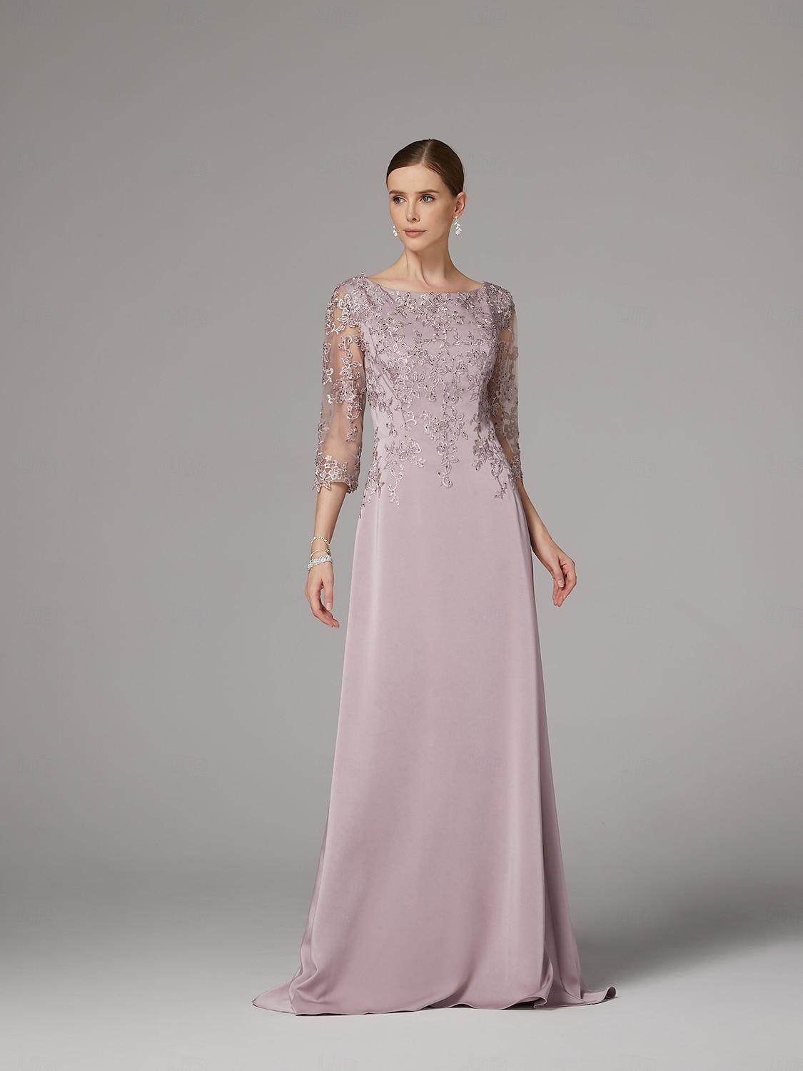 Sukienka sheath na plażę Sukienka matki panny młodej Elegancka Dekolt bateau Długość do podłogi Satyna 3/4 długości rękaw z aplikacjami koronkowymi 2025 - $186.99 –P1