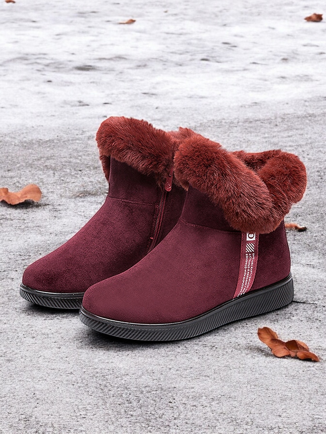 botins femininos de camurça bordô com punho de pele sintética e sola antiderrapante – calçados quentes de inverno para uso casual e ao ar livre de 2025 por $34.99 –P3