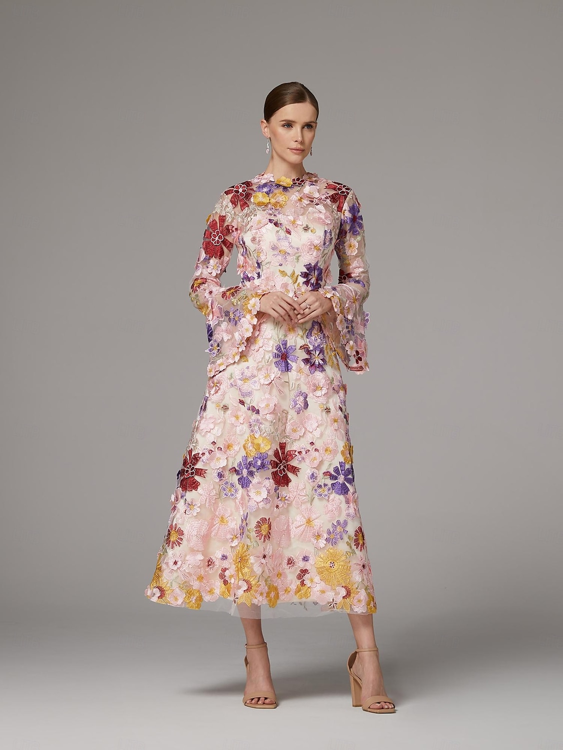 A-Line Dress Beach Wedding Mother of the Bride Dress Elegant High Neck Ankle Length Tulle Long Sleeve Floor Length with Embroidery Flower 2025 - $210.99 –P3
