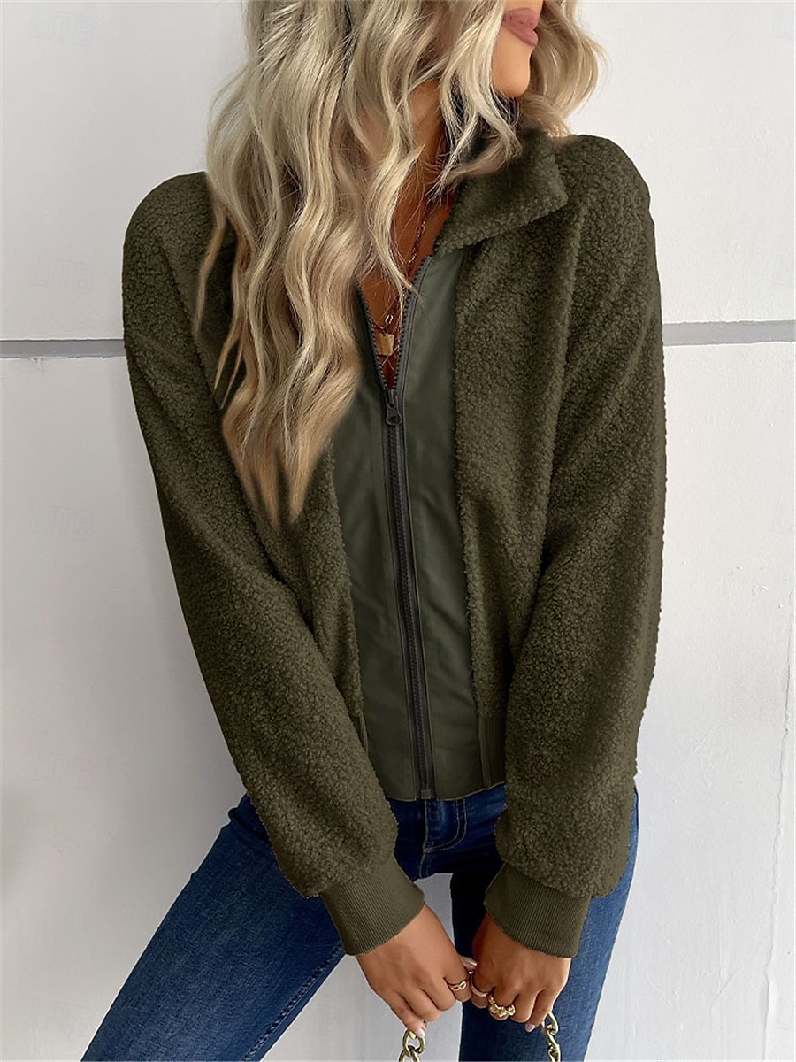 Women's Winter Coat Sherpa Jacket Outdoor Street Daily Wear Fall Winter Short Coat Regular Fit Thermal Warm Breathable Stylish Casual Jacket Long Sleeve Plain with Pockets Full Zip Dark Navy Army 2025 - $52.99 –P13