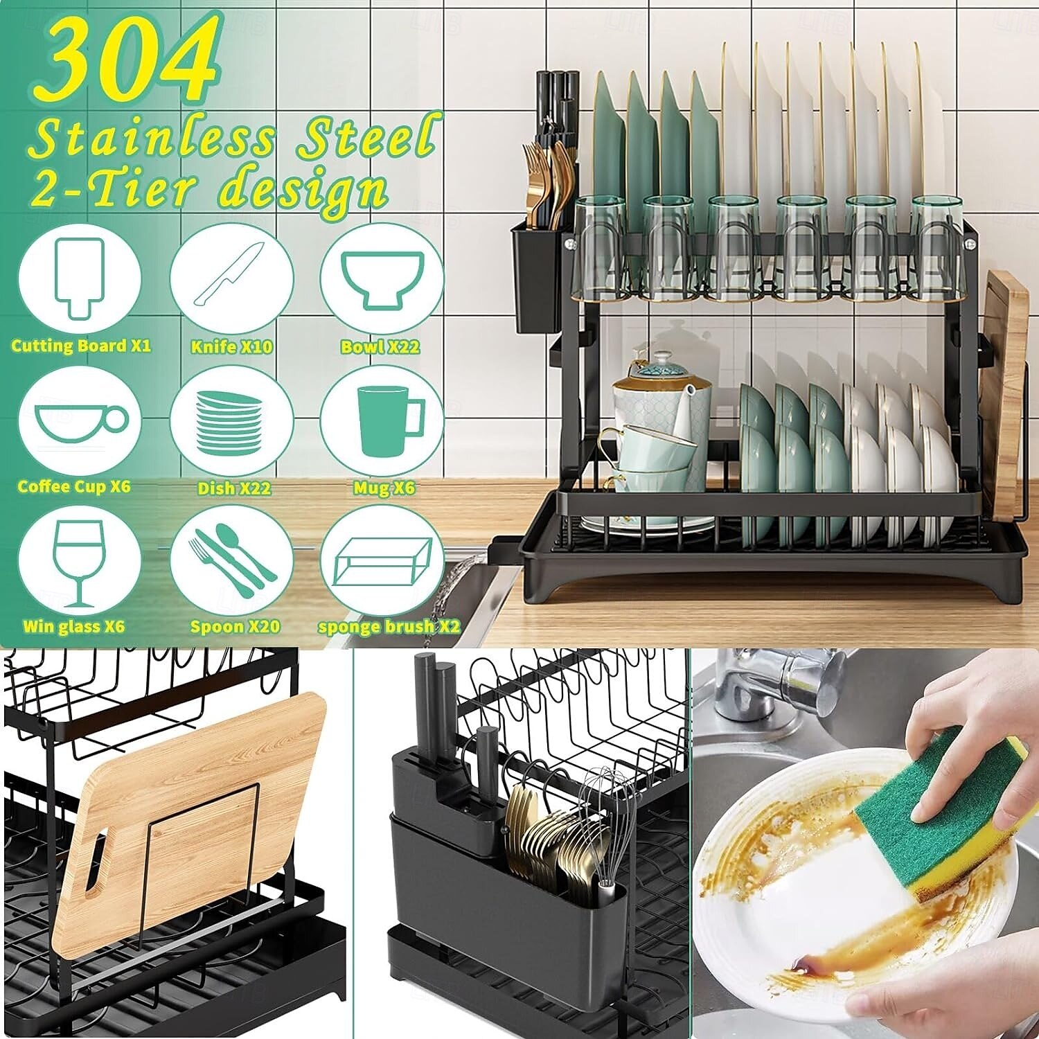 Tableware drying rack 2-layer utensil drain rack with detachable utensil rack and swivel joint durable high carbon steel material larger capacity easy to install black 2025 - $61.99 –P11