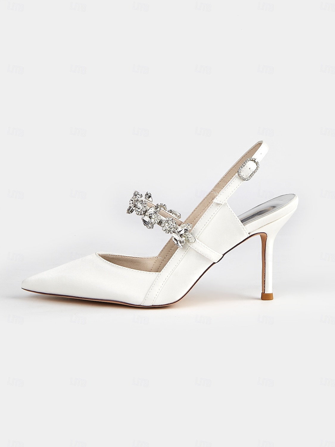 scarpe col tacco da donna in raso bianco con cinturino posteriore e decorazioni in strass – eleganti scarpe a punta per matrimoni e occasioni formali del 2025 a $64.99 –P15
